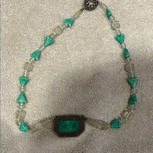 Vintage Peking satin green glass art deco necklace